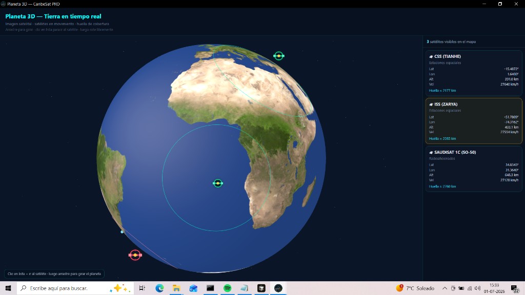 Planeta 3D de CaribeSat PRO v1.0.6 con huellas de cobertura